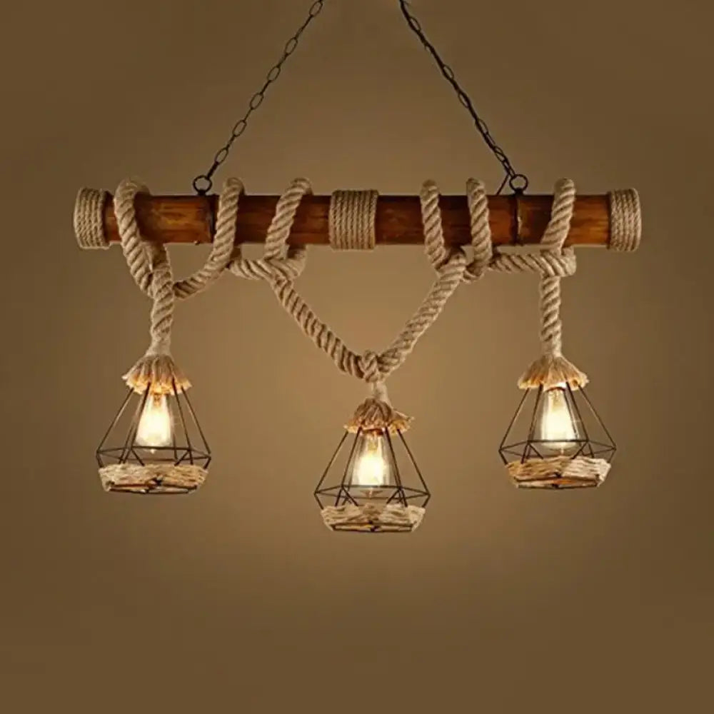Rustic wooden beam chandelier with beige rope wrapping and three beige diamond cage shades ideal for restaurant and lodge
