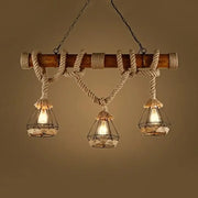 Rustic wooden beam chandelier with beige rope wrapping and three beige diamond cage shades ideal for restaurant and lodge