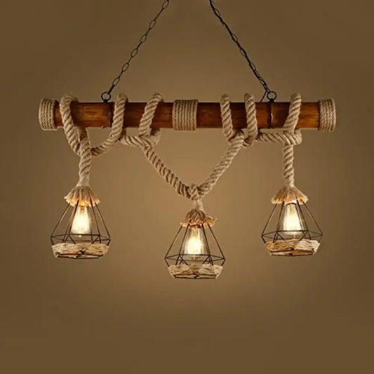 Rustic wooden beam chandelier with beige rope wrapping and three beige diamond cage shades ideal for restaurant and lodge