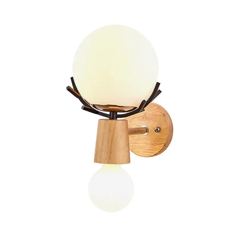 Rustic wood and white globe sconce wall lamp with warm-toned glass, wooden base, and black metal arm for stairways