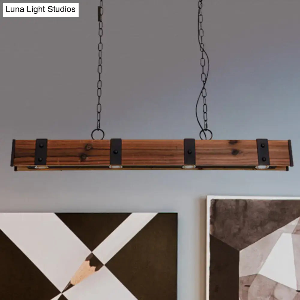 Rustic wood beam down light pendant with black finish metal brackets and chains for kitchen island lighting