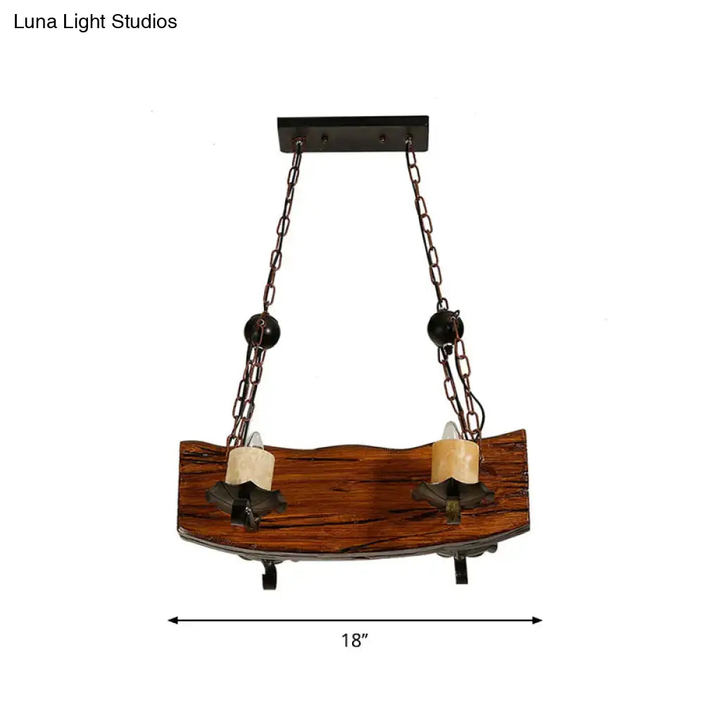Rustic wooden two-light pendant light with dark metal chains for wood board island use compatible with 110v-120v and 220v-240v