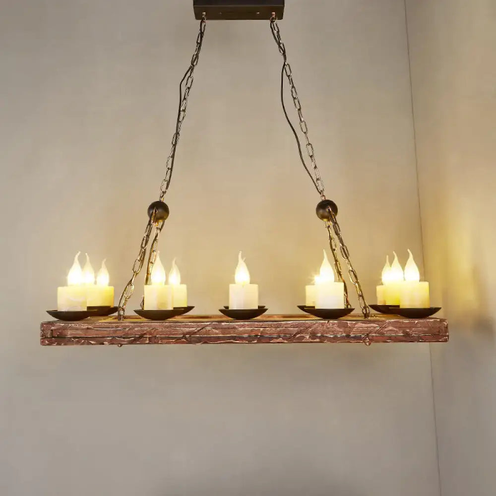 Rustic copper-toned wood candelabra pendant light with six led candles in black metal holders for dining room
