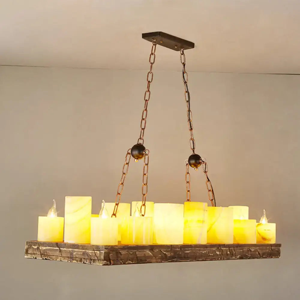 DecorBites brown wood candelabra pendant light with weathered wooden base and brass chains for dining room lighting