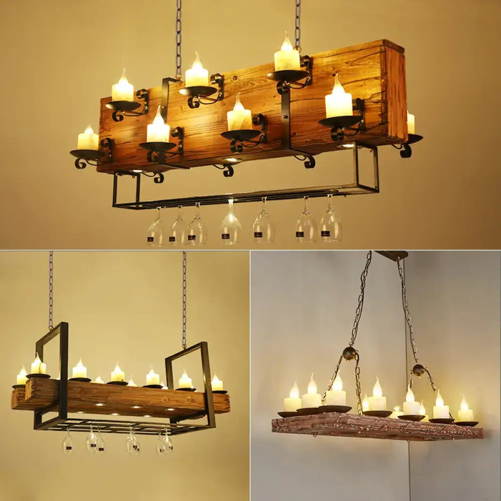 Rustic brown wood candelabra pendant light with wrought iron accents and candle-style bulbs for dining room lighting