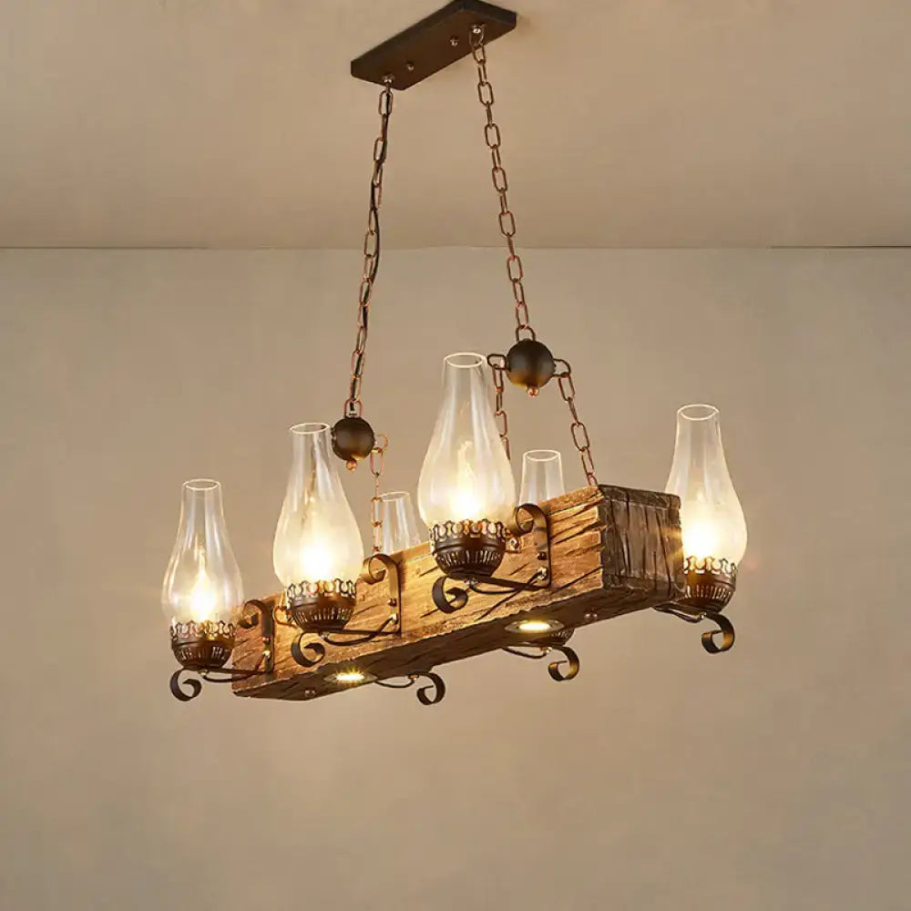 Rustic brown wood candelabra pendant light with wrought iron and clear glass oil lamp shades for dining room