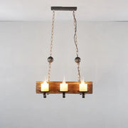 Rustic decorbites brown wood candelabra pendant light with three glowing candle-style bulbs for dining room use