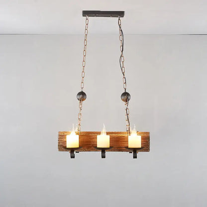 Rustic decorbites brown wood candelabra pendant light with three glowing candle-style bulbs for dining room use