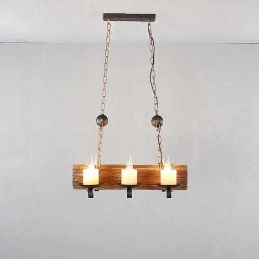 Rustic decorbites brown wood candelabra pendant light with three glowing candle-style bulbs for dining room use