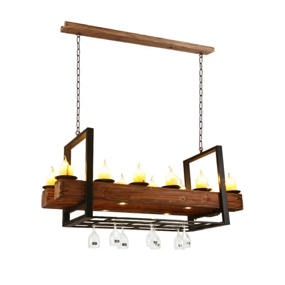 Rustic wood candelabra pendant light with black metal frame and glassware holders for dining room decor by decorbites