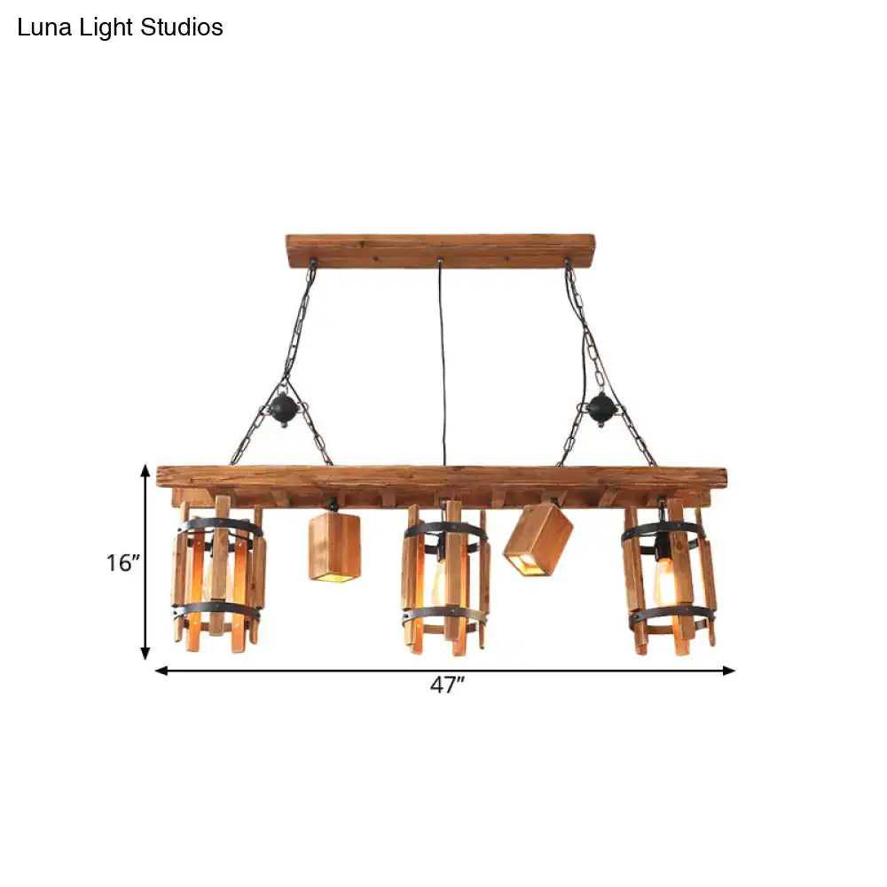 DecorBites™ rustic 5-light farmhouse ceiling light with wood cylinder frame black metal accents in grey brown