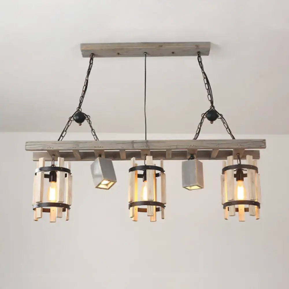 Rustic wooden ceiling light with three glass shades and concrete fixtures suspended by black metal chains