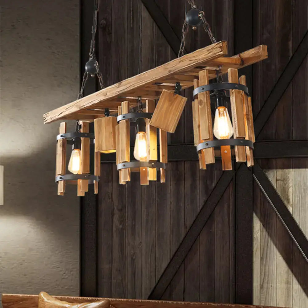 Decorbites™ rustic 5-light farmhouse pendant ceiling light with wood cylinder frame and black metal accents in grey brown