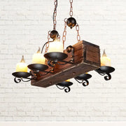 DecorBites™ rustic marble pendant light with wood design features black metal candle holders and copper chains in brown for 220v-240v use