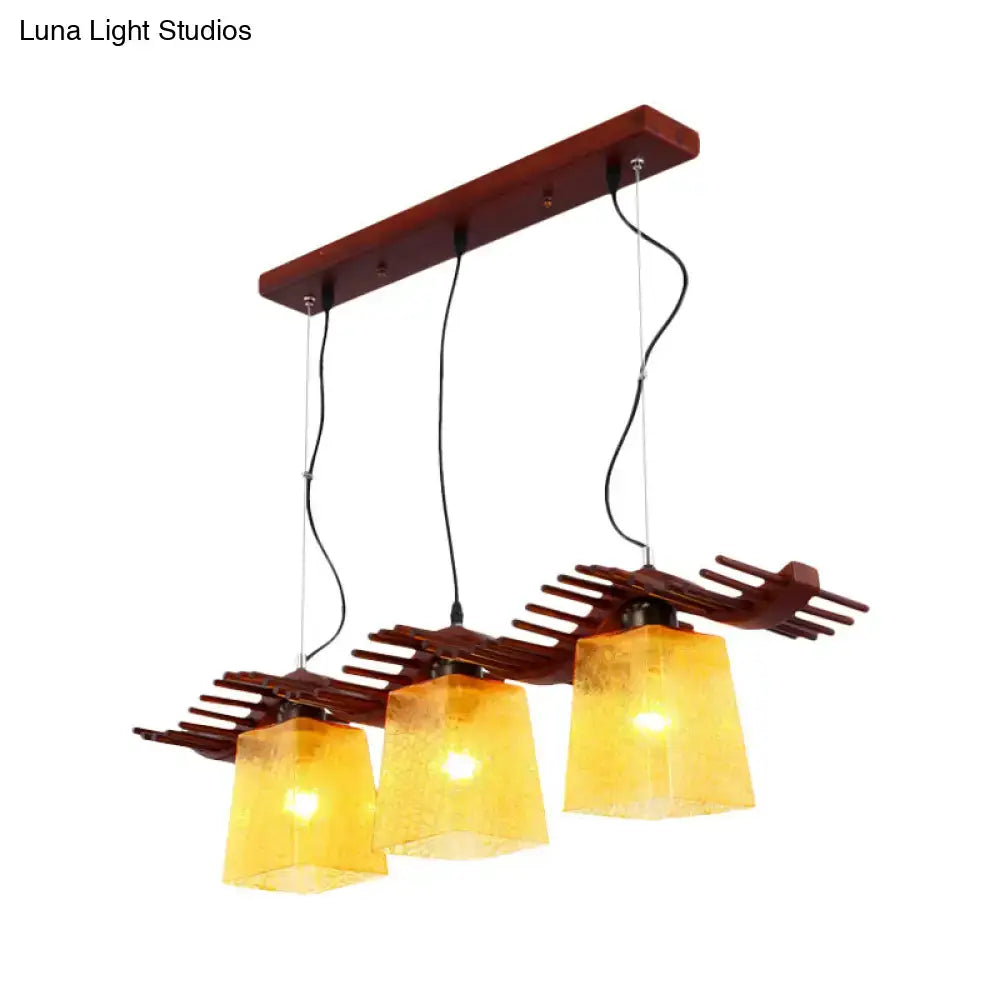 Decorbites rustic wood island lamp with three yellow crackle glass shades and wooden slat design for dining room