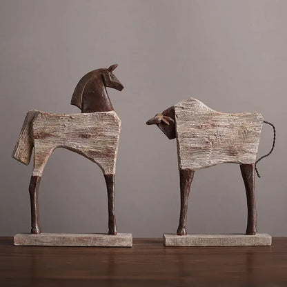 Rustic wood grain horse sculpture and cow figurines with weathered textures and dark brown accents for living room decorbites horse sculpture