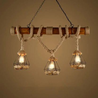 Rustic wooden beam and beige rope 3 light island pendant kitchen light with three wire cage lanterns and warm bulbs