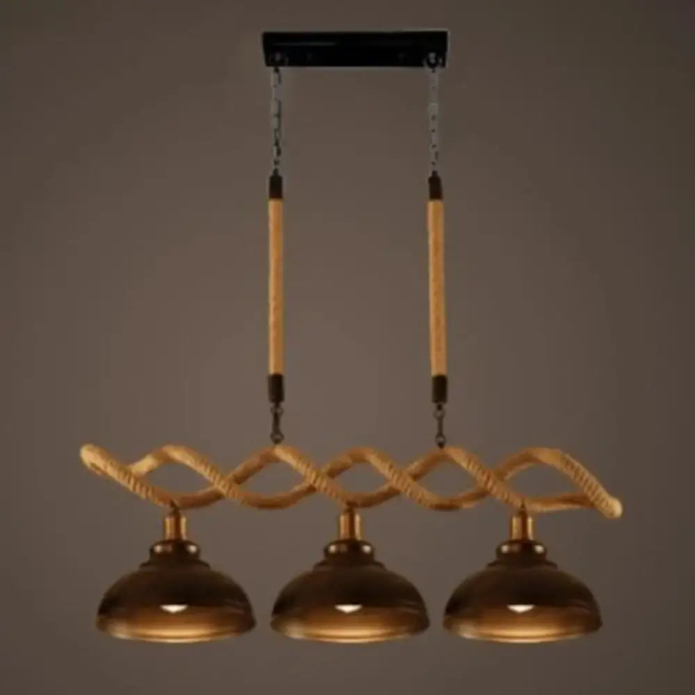 Rustic wooden beam and beige rope 3 light island pendant kitchen light with braided rope design and brass dome shades