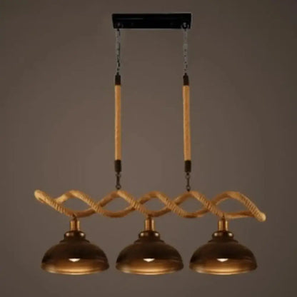 Rustic wooden beam and beige rope 3 light island pendant kitchen light with braided rope design and brass dome shades