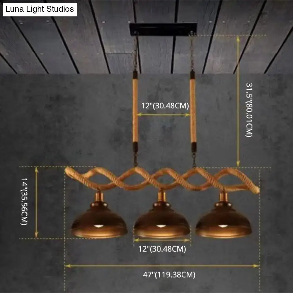 Rustic wooden beam three-light island pendant kitchen light with copper dome shades and beige braided rope suspension