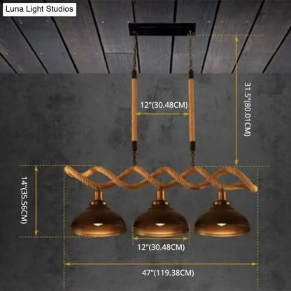 Rustic wooden beam three-light island pendant kitchen light with copper dome shades and beige braided rope suspension