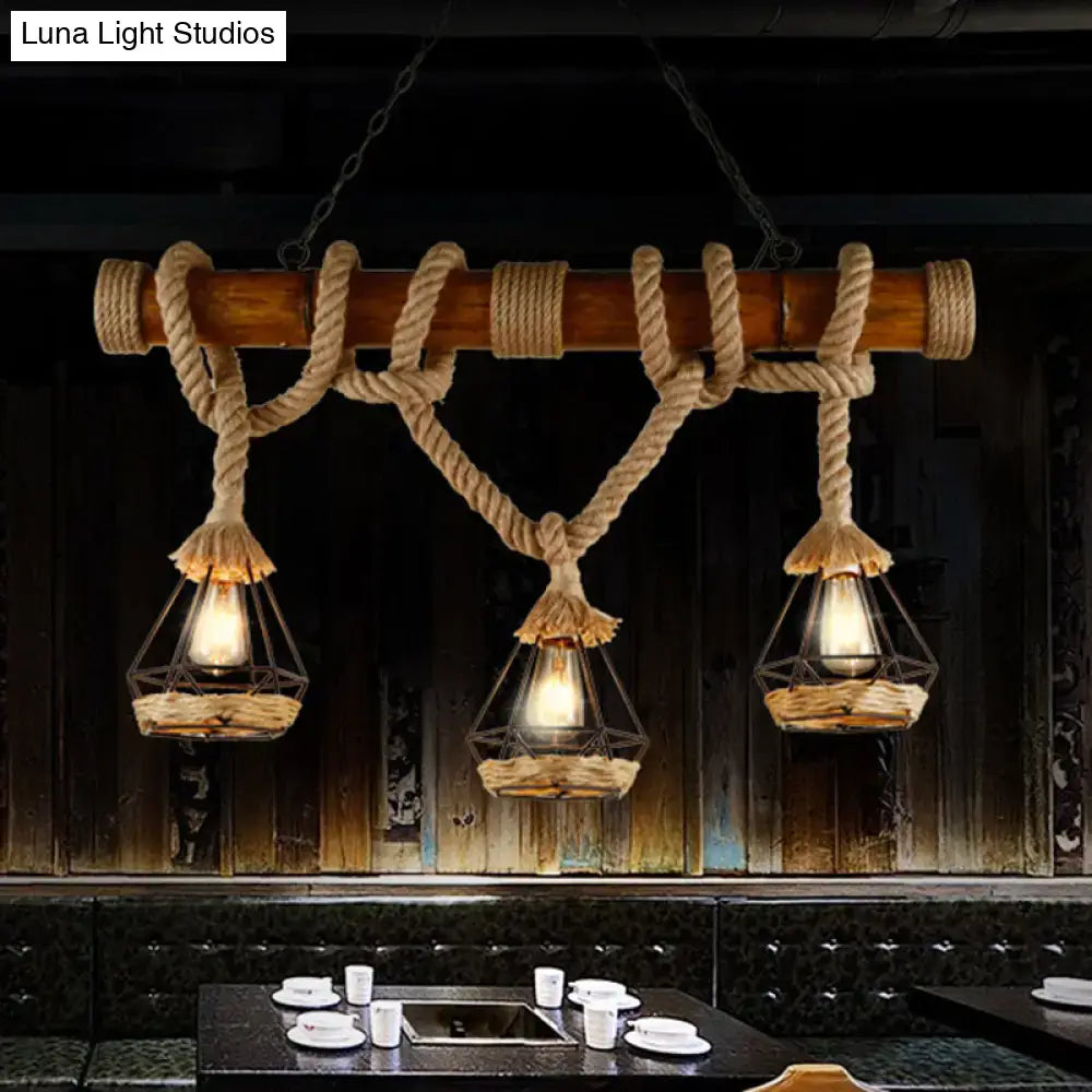Rustic wooden beam pendant light with beige rope knots and three metal diamond cages holding warm bulbs
