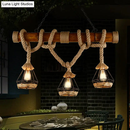 Rustic wooden beam and beige rope 3 light island pendant kitchen light with three wire cage lanterns and thick rope wrapping