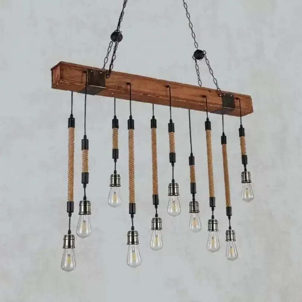 Rustic wooden beam island light with multiple exposed Edison bulbs and rope-wrapped cords in beige finish