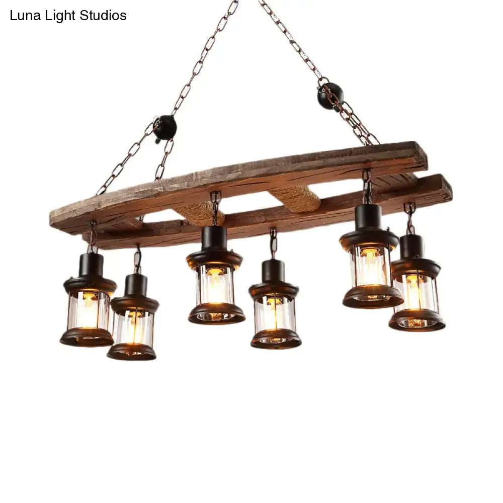 Decorbites rustic 6-light pendant lantern with wooden board featuring five black metal frame lanterns with clear glass panels