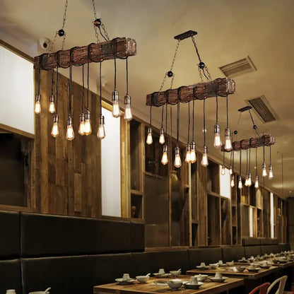 Rustic wooden beam boat pendant lights with exposed filament bulbs hanging from chains for dining room decorbites chandelier