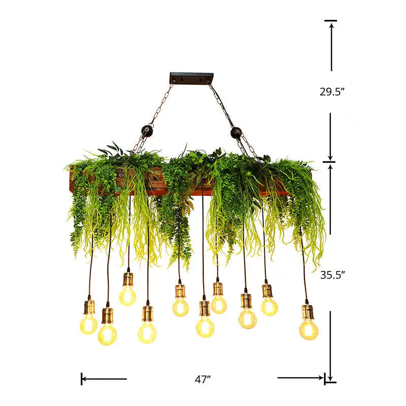 Rustic wooden planter chandelier with faux green fern deco and exposed e26 e27 bulbs fixture width visible