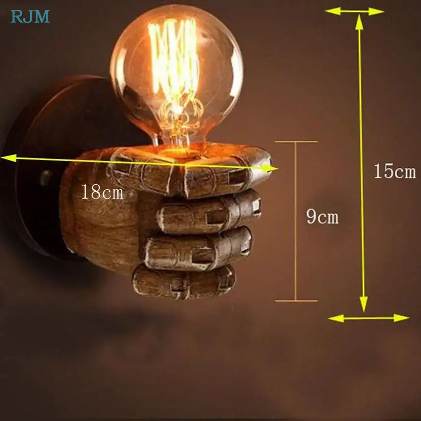Rjm rustic wooden hand model wall lamp featuring an illuminated vintage Edison bulb for living room lighting