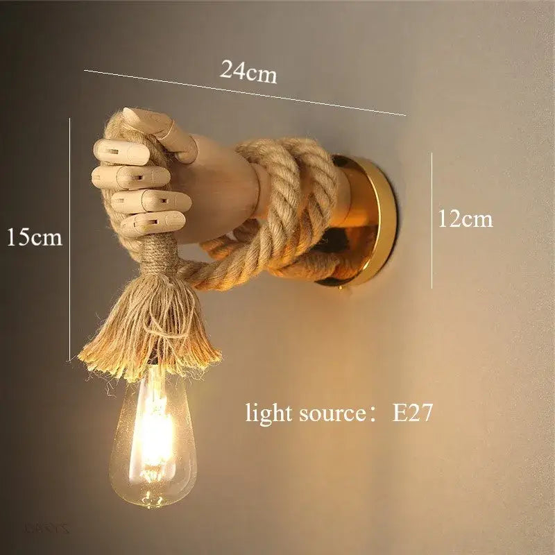 Rustic wooden hand shape hemp rope wall light with exposed Edison bulb for restaurant corridor decor