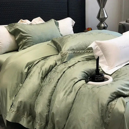 Luxurious sage green bedding set in decorbites 1000tc lyocell cotton with floral embroidery and lace trim