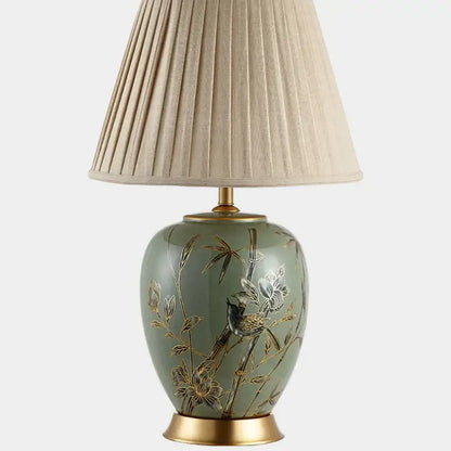 Sage green american style ceramic table lamp with gold-leaf bird and bamboo decorbites american style motifs