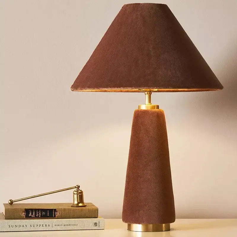 A warm brown cotton velvet floor lamp with tapered conical base and brass hardware for living room decorbites cotton velvet