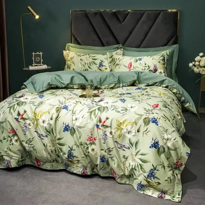 Luxurious sage green satin bedding set with vibrant bird floral print in decorbites 1400tc egyptian cotton material