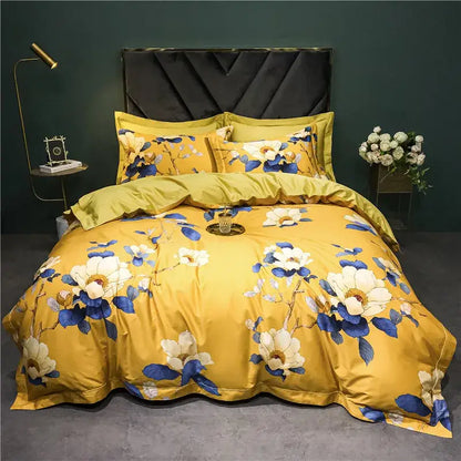 Yellow floral duvet set with white and blue blossoms on satin fabric from sage green cream decorbites 1400tc egyptian cotton bedding set