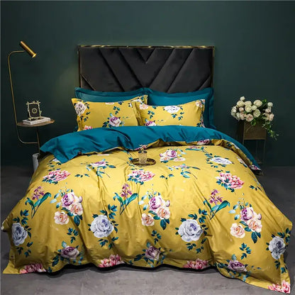Yellow floral duvet set with pink white and purple roses on satin fabric in sage green cream decorbites 1400tc egyptian cotton bedding set