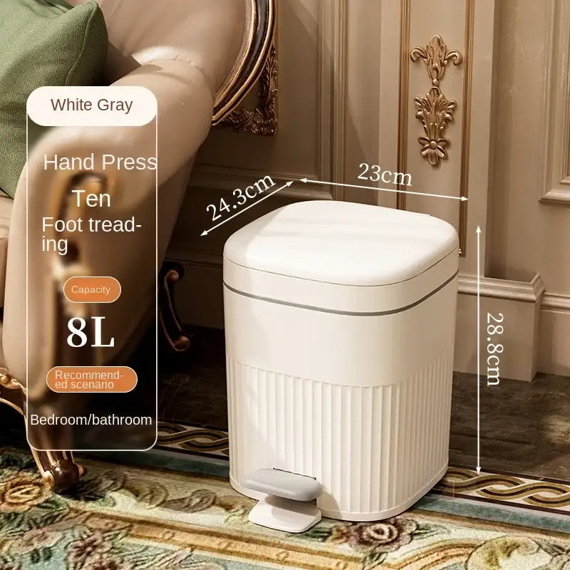 A sleek white-gray 8l foot pedal trash can with vertical ribbed detailing, ideal for decorbites light luxury pedal trash use