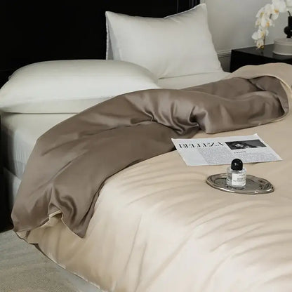 A luxurious taupe satin duvet set with a smooth glossy finish in a sage green double layer satin queen bedding