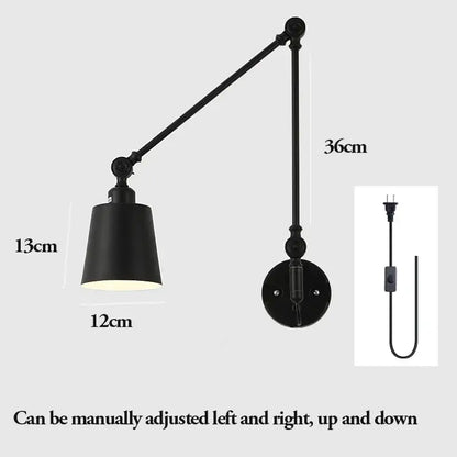 Black matte-finished decorbites adjustable telescopic wall lamp with conical shade and articulated arm for bedroom use