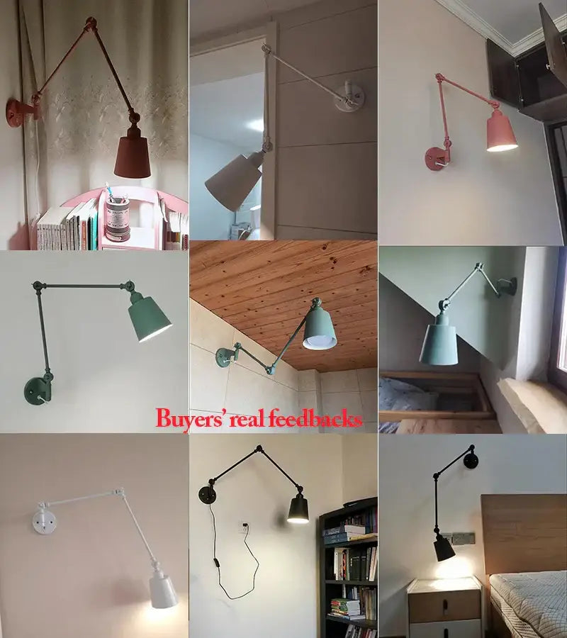 Sage green and dusty rose decorbites adjustable telescopic wall lamp with matte metal arm and colorful conical shade for bedroom