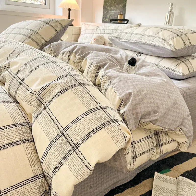 Plaid duvet cover set in cream and black with soft textured fabric finish featured in sage green grid print cotton bedding set decorbites grid print