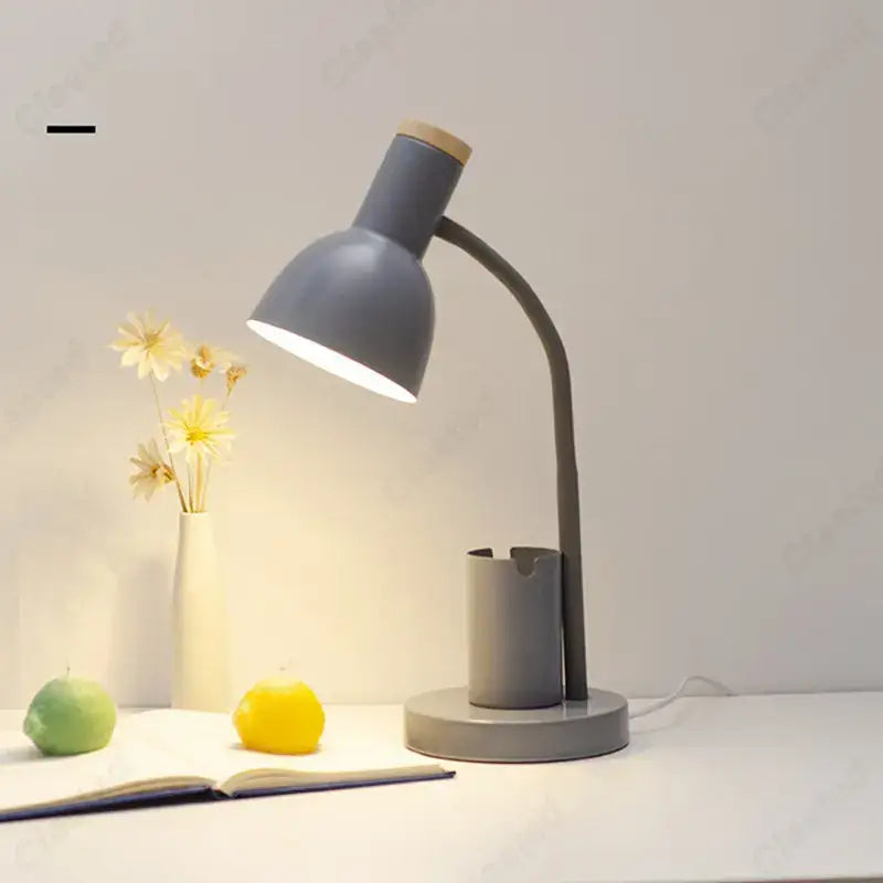 Gray metal desk lamp with wooden top curved neck and integrated ashtray base for bedroom decorbites cute nordic style