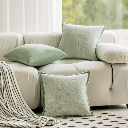 Mint green velvet pillow cover with subtle embroidered leaf pattern for decorbites green plant jacquard living room decor