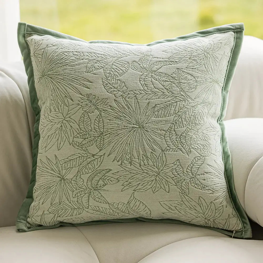 Square sage green plant jacquard pillow covers with embroidered tropical leaf pattern and velvet border for living room decorbites decor