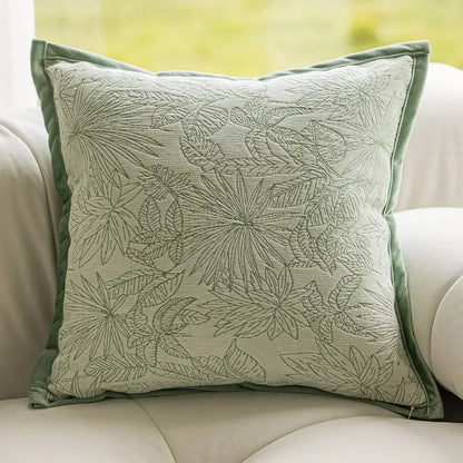 Square sage green plant jacquard pillow covers with embroidered tropical leaf pattern and velvet border for living room decorbites decor