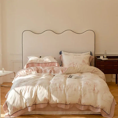 A blush pink and cream satin duvet set with floral embroidery in a cotton bedding set for bedroom use