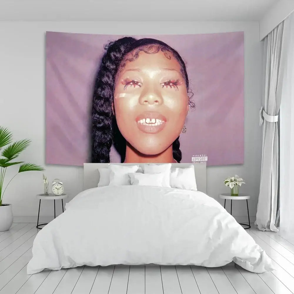 Purple savage tapestry pop wall tapestry featuring sza album cover with braided hair and glittery makeup bedroom decor